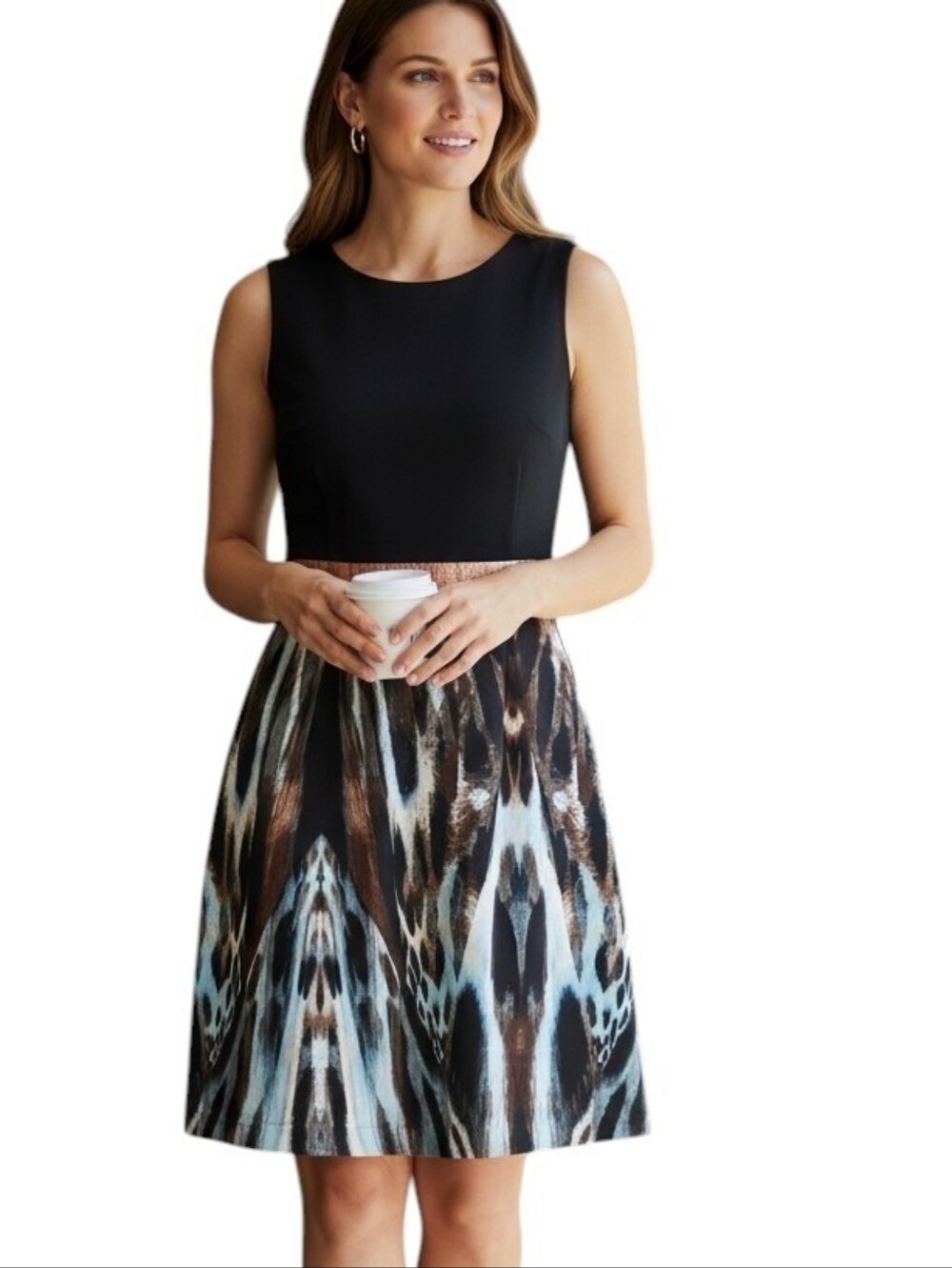 Calvin Klein Black and Brown Patterned Midi Sheath Dress Sz. 8
